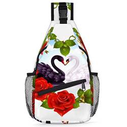 Swan Valentinstag Herz Sling Rucksack Männer Frauen Herz Blumen Crossbody Schulter Brusttasche für Reisen Wandern Freizeit Tagesrucksack Rucksack, multi, 35,6 cm, Sling Rucksack von TropicalLife