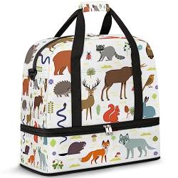 Tiere Reisetasche für Damen Herren Tiere Hirsch Bär Kaninchen 47L Wochenendtasche mit Trolley Ärmel Schultertasche Faltbare Nass Getrennte Sport Reisetasche, multi, 47L, Reisetasche von TropicalLife