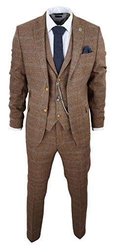 TruClothing.com Herren 3 Teilig Anzug Wolle Tweed Fischgrät Tan Braun Blau Karo 1920s Gatsby - eichenbraun 48 von TruClothing.com