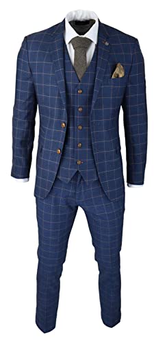 TruClothing.com Herren-Anzug 3-teiliger Blau Orange Kariert Retro Elegante Passform Vintage - blau 52 von TruClothing.com