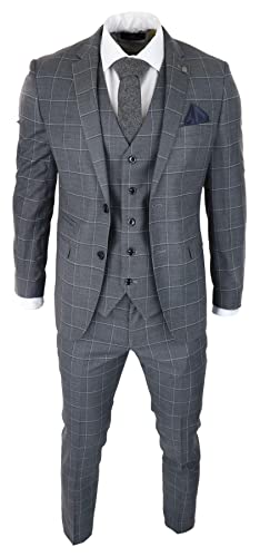 TruClothing.com Herren Grau Karo 3-teiliger Anzug Vintage Retro Smart Hochzeit Klassische taillierte Passform Licht, grau, 62 von TruClothing.com