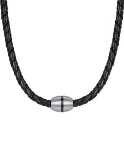 True Rebels Herren-Kette Echtleder schwarz Edelstahl 48 cm - Lederkette Mann Edelstahl Lederhalskette Männer Schmuck Halskette von True Rebels