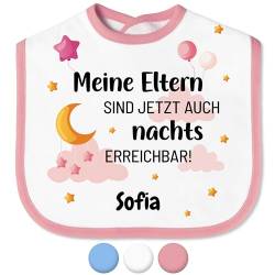 Baby Lätzchen „Eltern sind nachts erreichbar“ mit Namen personalisiert für Mädchen & Jungen - mit Klettverschluss – Spucktuch Latz Kinderlätzchen – Baby-Geschenke Taufgeschenke (Saum Rosa, Rosa) von True Statements