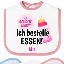 Baby Lätzchen „Ich schreie nicht! Ich bestelle Essen!“ mit Namen personalisiert für Mädchen & Jungen - mit Klettverschluss – Spucktuch Kinder – lustige Baby-Geschenke Taufgeschenke (Saum Rosa) von True Statements