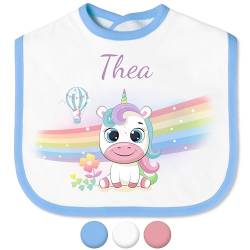 Babylätzchen für Mädchen & Jungen "Einhorn Regenbogen"– Lätzchen für Baby mit Namen personalisiert - mit Klettverschluss – Spucktuch Latz Kinderlätzchen - Geschenk für Kleinkinder (Saum Blau) von True Statements