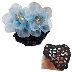 2 Stück Elastische Netz Haarspange Tüll Blume Haar Dutt Abdeckung Perle Perlen Haar Netz Mode Dame Haarnadel für Frauen Kopfbedeckung Hellblau von Tsangbaby
