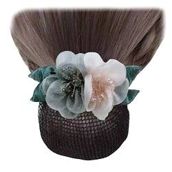 2 Stück Frauen Netz Haarspange Tüll Blume Haar Dutt Abdeckung Perle Blatt Haar Netz Clip Haarnadel für Damen Kopfbedeckung Champagner Grau von Tsangbaby
