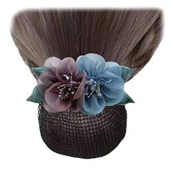 2 Stück Frauen Netz Haarspange Tüll Blume Haar Dutt Abdeckung Perle Blatt Haar Netz Clip Haarnadel für Damen Kopfbedeckung Sojabohnenblau von Tsangbaby