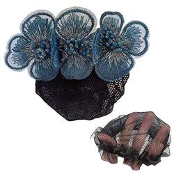 2 Stück Perlen Blume Netz Haarspange Dame Klassische Haar Dutt Abdeckung Elastische Haarnetz Clip für Frauen Tanzen Büro Kopfbedeckung Himmelblau von Tsangbaby