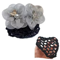 2 Stück elastische Netz Haarspange Tüll Blume Haar Dutt Abdeckung Perle Perlen Haar Netz Mode Dame Haarnadel für Frauen Kopfbedeckung Grau von Tsangbaby