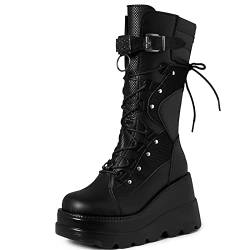 Tscoyuki Damen Plateau Mid Calf Boots Chunky High Heel Wedge Boots Goth Zip & Lace Up Combat Round Toe Motorradstiefel, schwarz, 40 EU von Tscoyuki