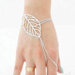 TseenYi Boho Blatt Finger Ring Armband Gold Sklave Armband Ring Verstellbare Hand Kette Schmuck für Frauen Mädchen (Silber) von TseenYi