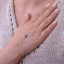 TseenYi Boho Fingerkette Armband Gold Finger Blau Böser Blick Armband Sommer Handkette Schmuck für Frauen und Mädchen von TseenYi
