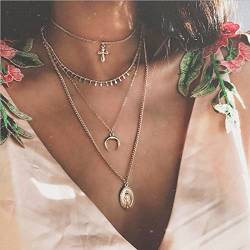 TseenYi Boho Layered Halskette Choker Gold Kreuz/Mond/Tag Münze mehrschichtige lange Halsketten Mode Halsketten Sommer Strand Schmuck für Frauen und Mädchen (1 Stück) von TseenYi