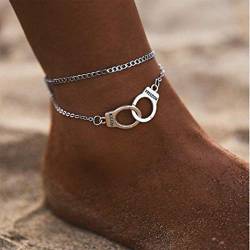 TseenYi Boho Silber Handschelle Knöchel Armband Freiheit Fußkettchen Armband Barfuß Sandalen Kette Fußkettchen Sommer Fußschmuck für Frauen und Mädchen (doppellagig) von TseenYi