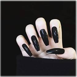 TseenYi Extra lange schwarz drücken auf Nägel Punk gefälschte Nägel quadratisch glänzend Clip auf Nägel Tipps Abschlussball Party Halloween Acryl Nägel Kunst für Frauen und Mädchen 24 Pcs (schwarz) von TseenYi