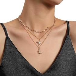 TseenYi Mond Stern Halskette Kristall Halbmond Stern Choker Halskette Kleiner Stern Mond Halskette Schichtung Papercilp Kette Halskette Schmuck Für Frauen Und Mädchen Geschenke (gold) von TseenYi