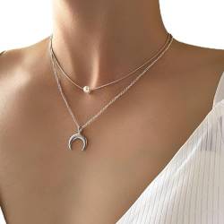 TseenYi Silber Geschichtet Halskette Mondsichel Anhänger Halskette Vintage Perle Choker Halsketten Schmuck Für Frauen Und Mädchen Geschenke von TseenYi
