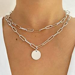 TseenYi Silver Layered Necklace Mehrlagige Büroklammer Kette Halskette Boho Scheibe Münze Anhänger Halskette Kettenschmuck Für Frauen Und Mädchen Geschenke von TseenYi
