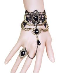 TseenYi Spitzen-Ring-Armband Gothic-Spitze-Ring-Handketten-Armband, schwarzer Kristall, baumelndes Sklaven-Armband, Vintage-Herz-Flügel-Sklaven-Finger-Ring-Armband, Frauen und Mädchen (schwarz) von TseenYi