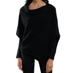 Tseonmis Asymmetrisch drapierter Pullover, Herbst-Langarmpullover, lockerer, Leichter, Schulterfreier Strickpullover für Damen (Black) von Tseonmis