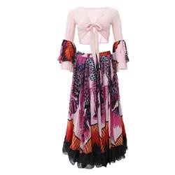 Tubayia Damen Bauchtanz Oberteil Rock Kostüm Set Tanzkostüm Maxi Rock Boho Kleid Tanzrock Tanzkleidung (Rosa) von Tubayia