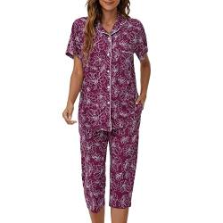 Tugege Capri-Pyjama-Set für Damen, Knopfleiste, kurzärmelig, Lounge-Set, Nachtwäsche, Kerbkragen, Top und Capri, 2-teiliges PJ-Set, Lila Pfingstrose, M von Tugege