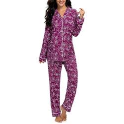 Tugege Pyjama-Set, langärmelig, Nachtwäsche, Damen, Knopfleiste, Nachtwäsche, Pyjama-Sets, Burgunderrote Pfingstrose, L von Tugege