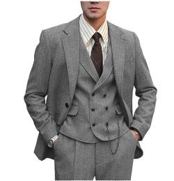 Tuikayoo Herren Anzug Formal Tweed Wolle Fischgrät 3 Stück Hochzeit Slim Fit Anzug Prom Smokings für Trauzeugen（Grau，XS） von Tuikayoo