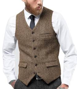 Tuikayoo Herren Fischgräten Tweed Anzug Vintage Weste Wolle schlanke Passform Abschlussball Weste（Braun，L） von Tuikayoo