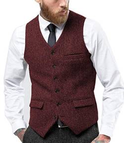 Tuikayoo Herren Fischgräten Tweed Anzug Vintage Weste Wolle schlanke Passform Abschlussball Weste（Burgund，XXL） von Tuikayoo