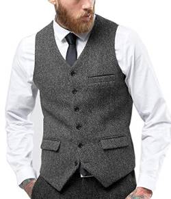 Tuikayoo Herren Fischgräten Tweed Anzug Vintage Weste Wolle schlanke Passform Abschlussball Weste（Grau，4XL） von Tuikayoo