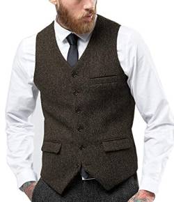 Tuikayoo Herren Fischgräten Tweed Anzug Vintage Weste Wolle schlanke Passform Abschlussball Weste（Kaffee，L） von Tuikayoo