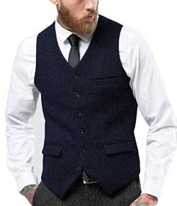 Tuikayoo Herren Fischgräten Tweed Anzug Vintage Weste Wolle schlanke Passform Abschlussball Weste（Marine，L） von Tuikayoo