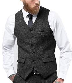 Tuikayoo Herren Fischgräten Tweed Anzug Vintage Weste Wolle schlanke Passform Abschlussball Weste（Schwarz，XL） von Tuikayoo
