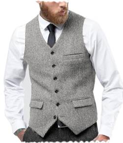 Tuikayoo Herren Fischgräten Tweed Anzug Vintage Weste Wolle schlanke Passform Abschlussball Weste（Silber，L） von Tuikayoo