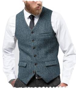 Tuikayoo Herren Fischgräten Tweed Anzug Vintage Weste Wolle schlanke Passform Abschlussball Weste（leichte Marine，4XL） von Tuikayoo
