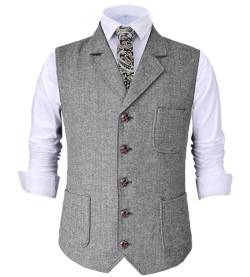 Tuikayoo Herren Retro V Ausschnitt Anzug Weste Tweed Wolle Regular Fit Weste Herringbone für Jacke (Silber,L) von Tuikayoo