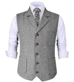 Tuikayoo Herren Retro V Ausschnitt Anzug Weste Tweed Wolle Regular Fit Weste Herringbone für Jacke (Silber,S) von Tuikayoo