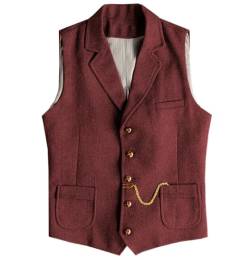 Tuikayoo Herren Western Herringbone Tweed Anzug Weste Wolle Slim Fit Weste (Burgundisch,XL) von Tuikayoo