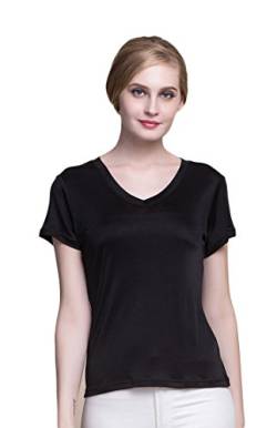 Damen Reiner Seide Tops Kurzarm T-Shirt V-Ausschnitt Tee Schwarz M von Tulpen