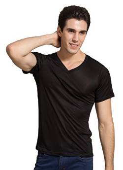 Herren Reiner Seide Tops Kurzarm Tank V-Ausschnitt T-Shirt Schwarz 2XL von Tulpen