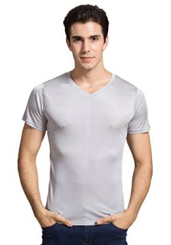 Herren Reiner Seide Tops Kurzarm Tank V-Ausschnitt T-Shirt Silbergrau 2XL von Tulpen