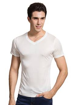 Herren Reiner Seide Tops Kurzarm Tank V-Ausschnitt T-Shirt Weiss M von Tulpen