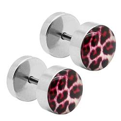 Tumundo® 1 Paar Fake-Plugs Ohr-Stecker Ohrring Leopard Leo Fake-Tunnel Edelstahl Pink Weiß Damen Piercing Animal-Print von Tumundo