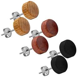 tumundo 3 Farben Set Ohr-Stecker Ohrringe Holz Perle Kugel Braun Beige Schwarz Natur Button Modeschmuck 10mm Damen von Tumundo