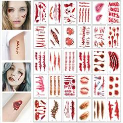 Halloween Narben Tattoos, 30 Blatt Temporäre Tattoos, Wasserdicht Zombie Narben Tattoos Aufkleber mit gefälschten Scab Blut, für Halloween Kostüm Makeup Cosplay Party für Kinder Erwachsener (B) von Tuofang