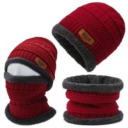 TuoFang Tuofang Wintermütze Schal Set, Winter Beanie Mütze mit Schlauchschal für Herren Damen, Fleecefutter Warme Strickmützen Herren und Loop Schal (Rot) von Tuofang