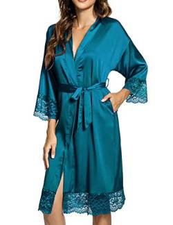 Tuopuda Bademantel Damen, Satin Kimono Morgenmantel Sommer, Nachthemd Spitze mit Taschen Kurz Robe mit Gürtel Blumenspitze Nachtwäsche Sleepwear für Party Hochzeit Braut Brautjungfern, Blau, M von Tuopuda