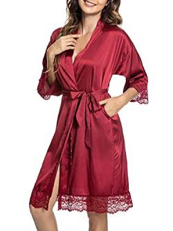 Tuopuda Bademantel Damen, Satin Kimono Morgenmantel Sommer, Nachthemd Spitze mit Taschen Kurz Robe mit Gürtel Blumenspitze Nachtwäsche Sleepwear für Party Hochzeit Braut Brautjungfern, Weinrot, M von Tuopuda